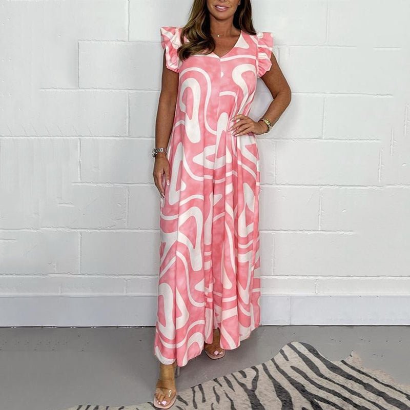 Nova | Kvinders Abstrakte Print V-Hals Volangærme Bred Ben Jumpsuit