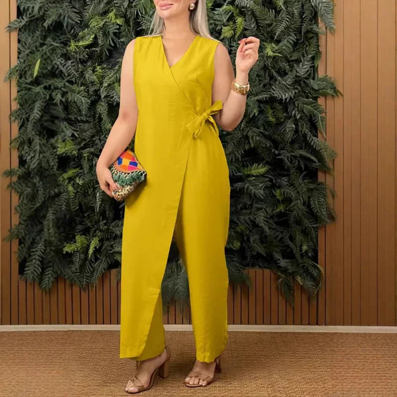 Koraller | Kvinders Wrap V-Hals ærmeløs Bred Ben Jumpsuit med Bælte