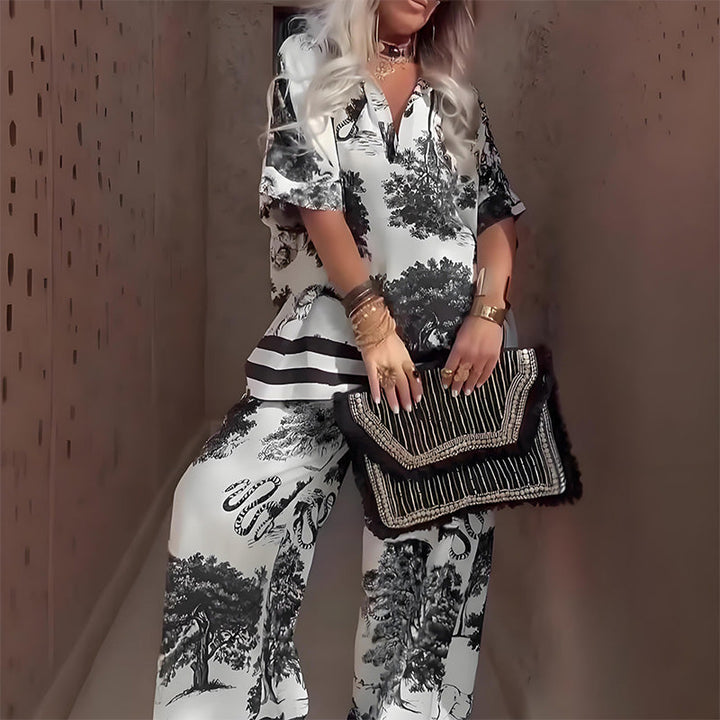 Amber™ | V-Neck Printed Top & Long Pants Set