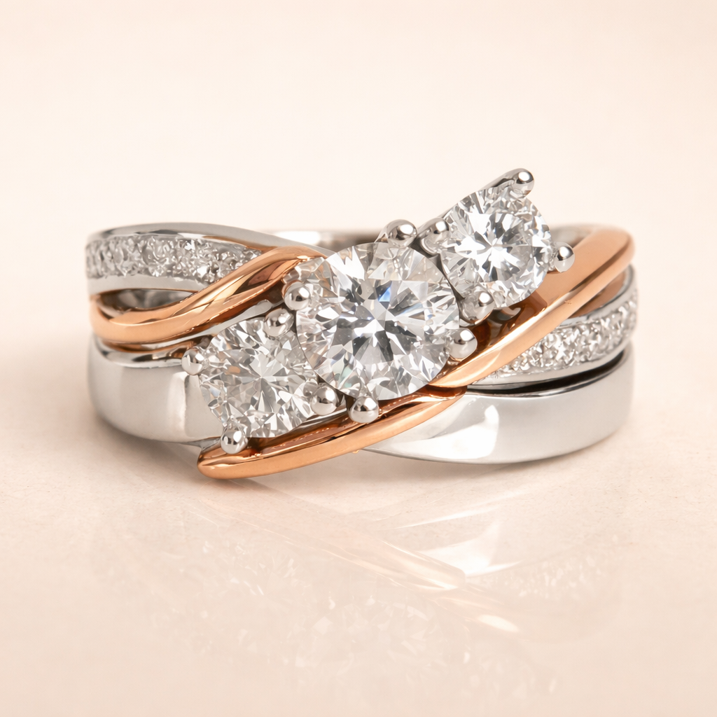 Elegant Tofarvet Diamant Ring i Hvidguld & Rosaguld – Tre Stens Forlovelsesring med Brillantslebne Sten