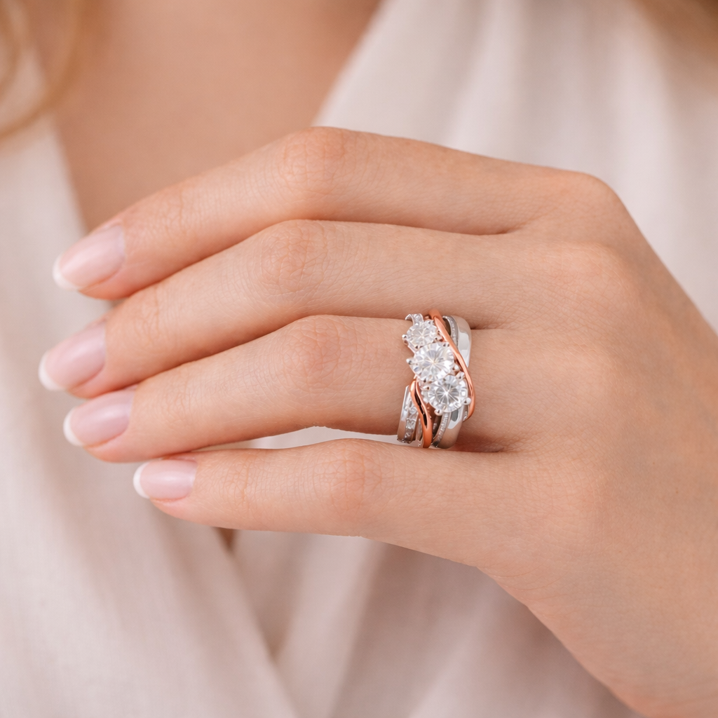 Elegant Tofarvet Diamant Ring i Hvidguld & Rosaguld – Tre Stens Forlovelsesring med Brillantslebne Sten