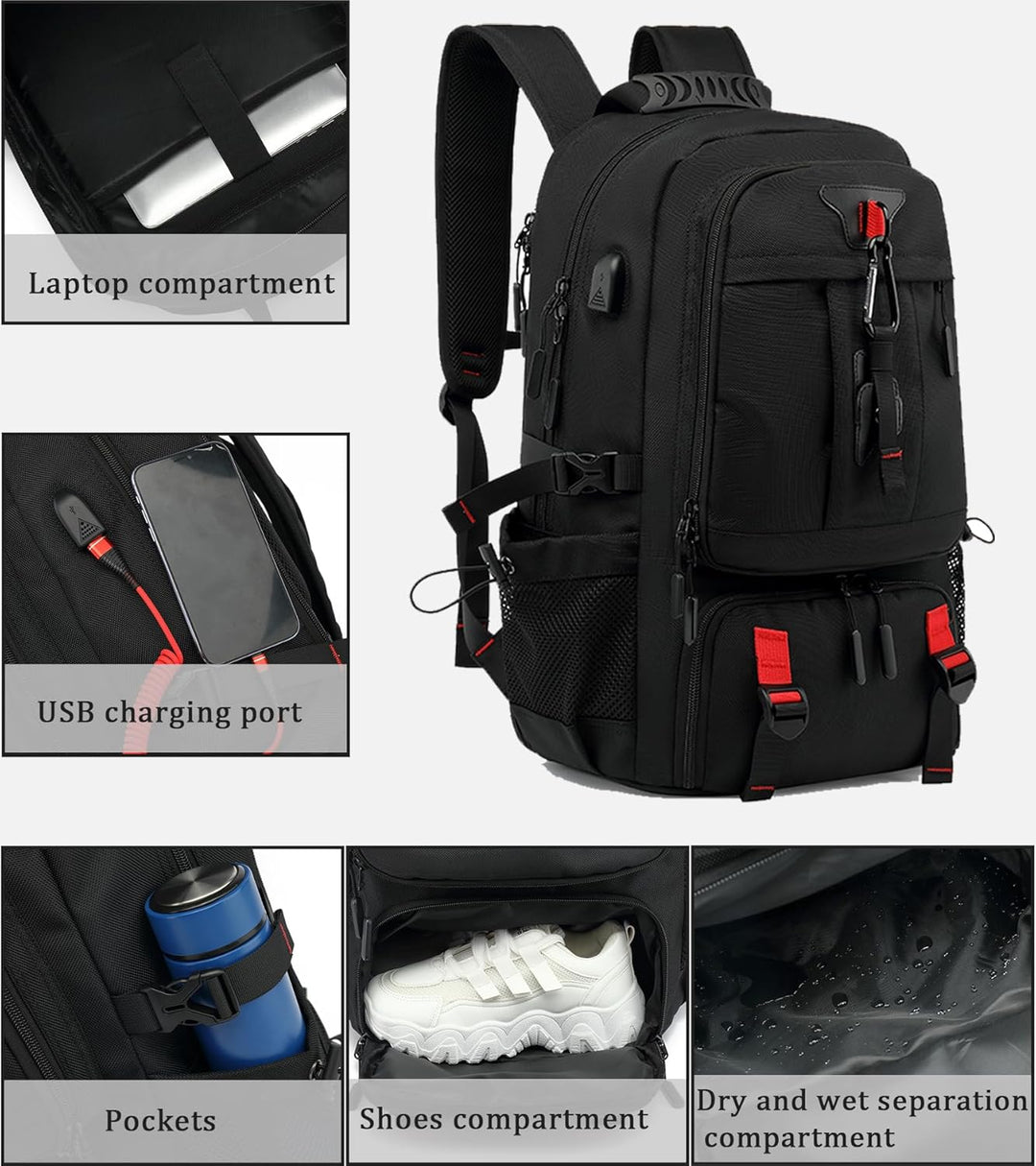 Vandtæt 60L Laptop Rygsæk med USB Opladningsport og Sko Skuffe