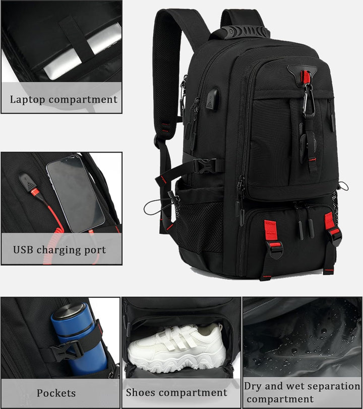 Vandtæt 60L Laptop Rygsæk med USB Opladningsport og Sko Skuffe