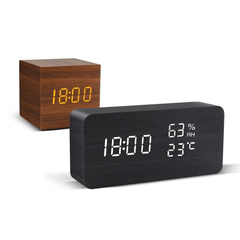 Minimalistisk Træ LED Vækkeur med Temperatur- og Fugtighedsdisplay