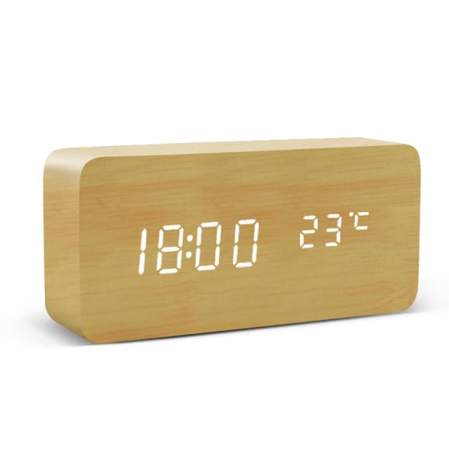 Minimalistisk Træ LED Vækkeur med Temperatur- og Fugtighedsdisplay