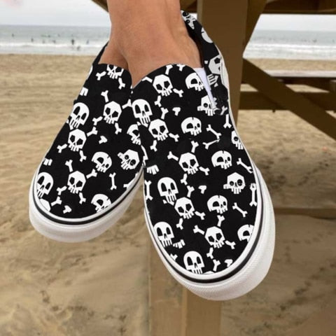 Casual Slip-On Loafers i Canvas med Dødningehoved Print