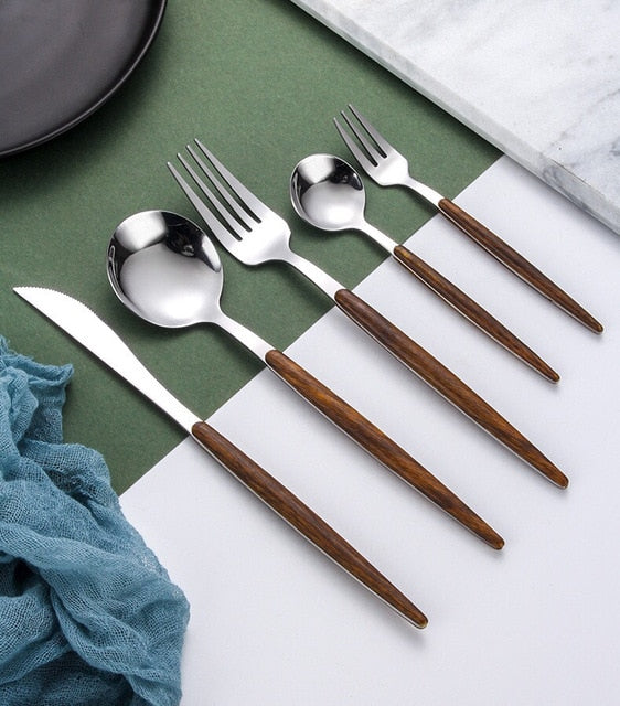 Elegant Træbestik Sæt med Rustfrit Stål - Kniv, Gaffel, Ske, Teske