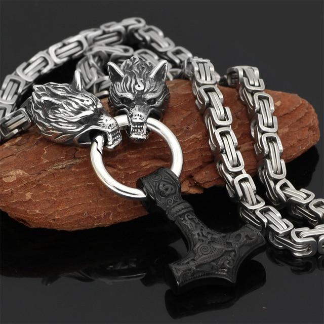 Rustfrit Stål Dobbelt Ulvehoved og Mjolnir Halskæde/Armbånd 60-90 cm