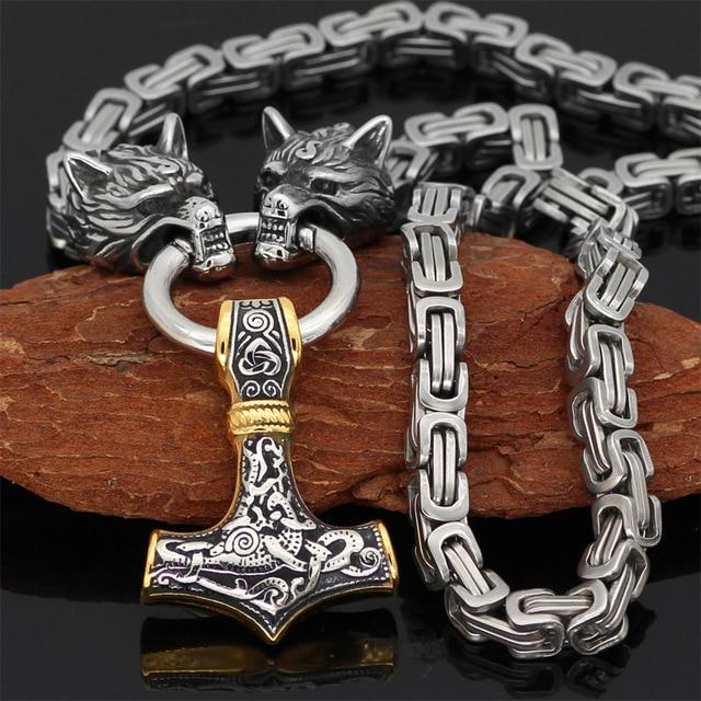 Rustfrit Stål Dobbelt Ulvehoved og Mjolnir Halskæde/Armbånd 60-90 cm