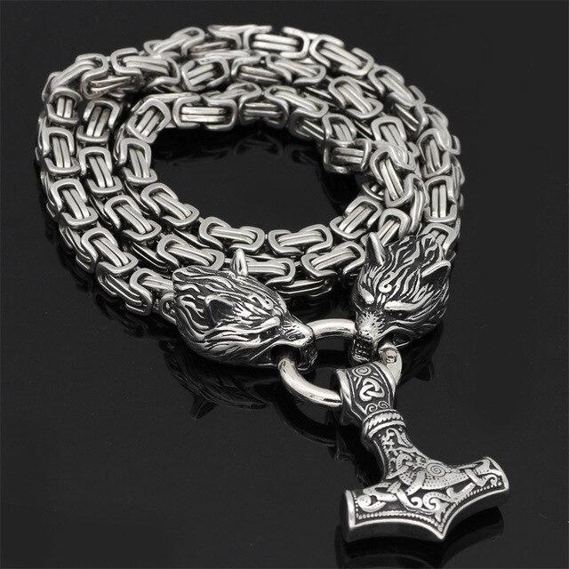 Rustfrit Stål Dobbelt Ulvehoved og Mjolnir Halskæde/Armbånd 60-90 cm