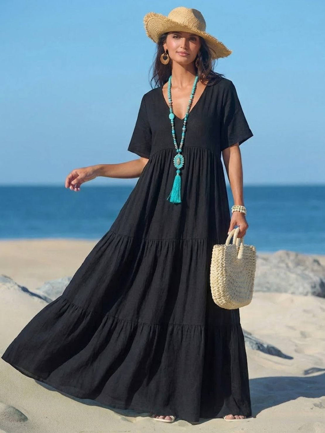 Sienna | Kvinders V-hals Tiered Maxi Swing Kjole med Korte Ærmer