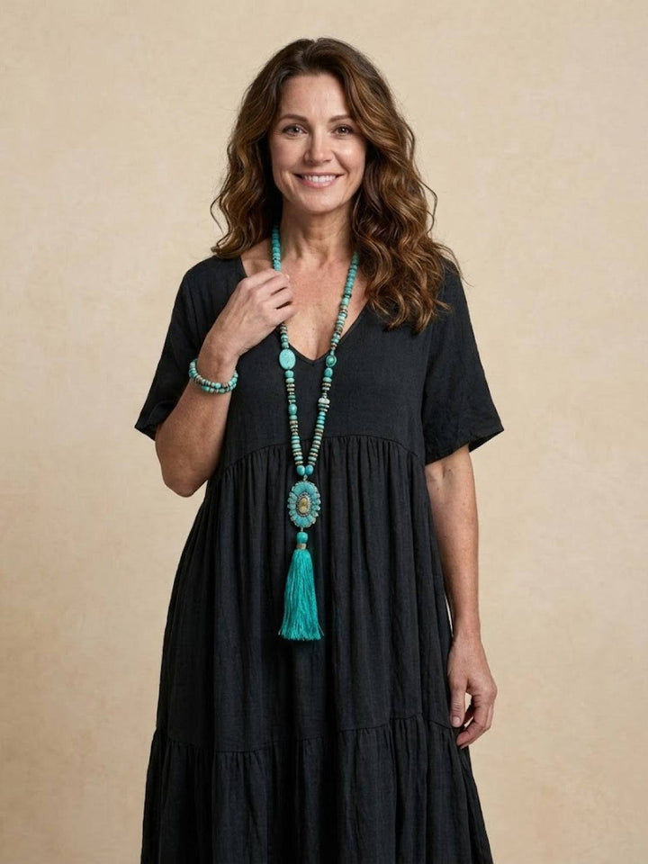 Sienna | Kvinders V-hals Tiered Maxi Swing Kjole med Korte Ærmer