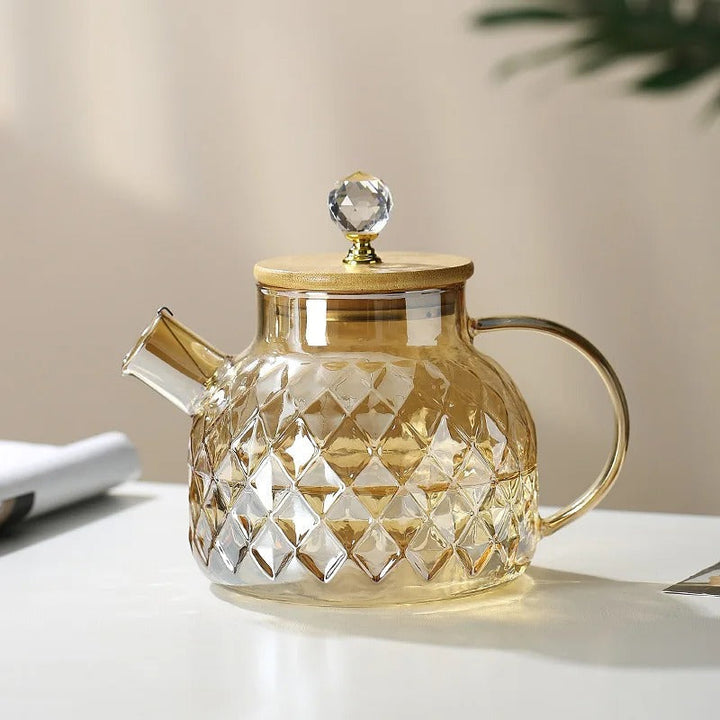 Elegant Glas Teapot med Bambuslåg og Træhåndtag