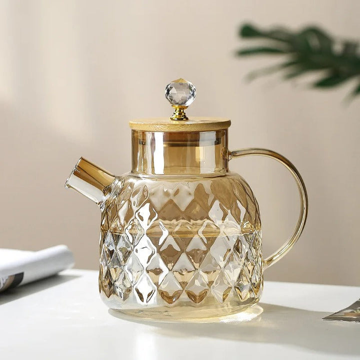 Elegant Glas Teapot med Bambuslåg og Træhåndtag