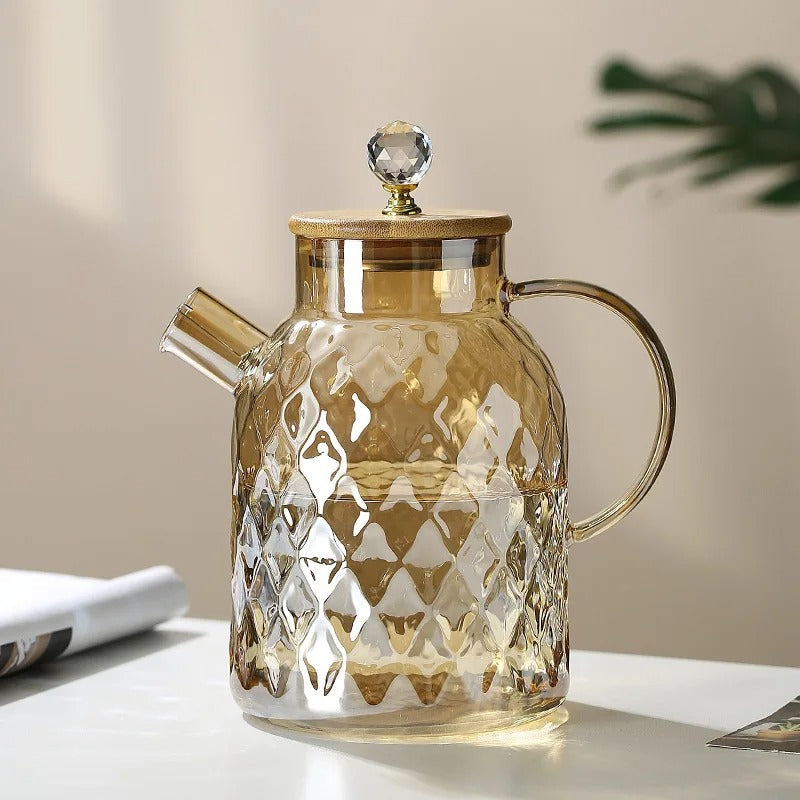 Elegant Glas Teapot med Bambuslåg og Træhåndtag