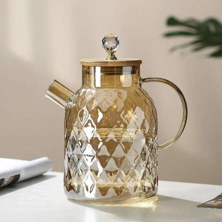 Elegant Glas Teapot med Bambuslåg og Træhåndtag