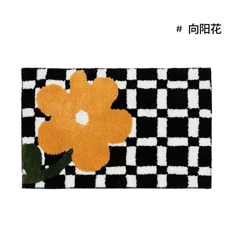 Vintage Tjekket Badeværsmatte med Blomsterdesign og Non-Slip Bagside