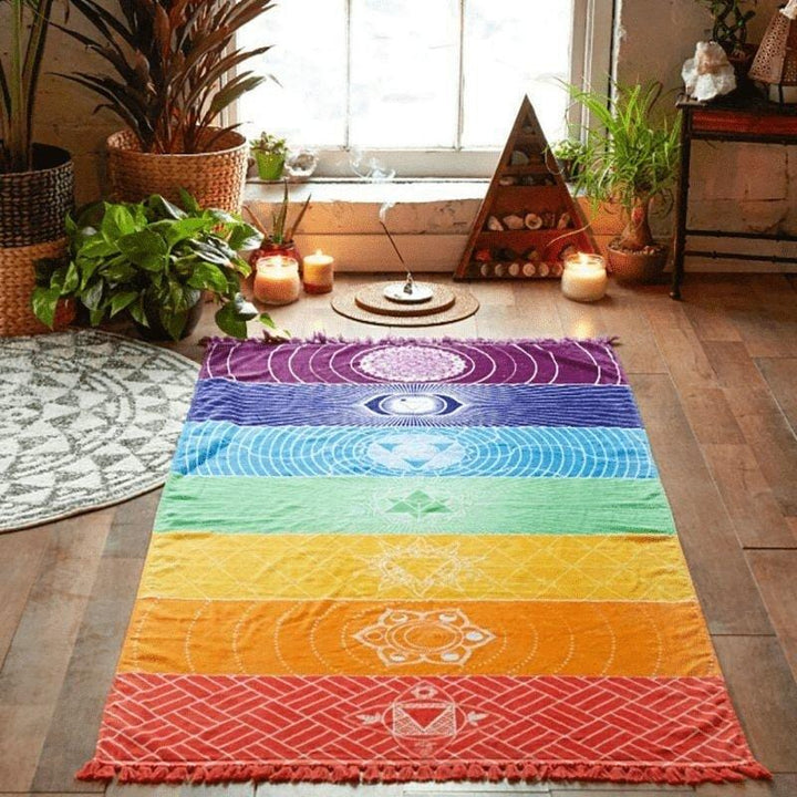 7 Chakra Regnbue Yoga Mat i 100% Bomuld med Frynser