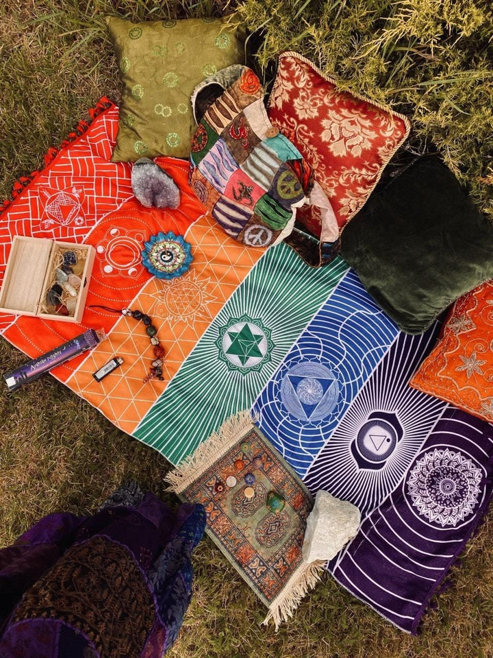 7 Chakra Regnbue Yoga Mat i 100% Bomuld med Frynser