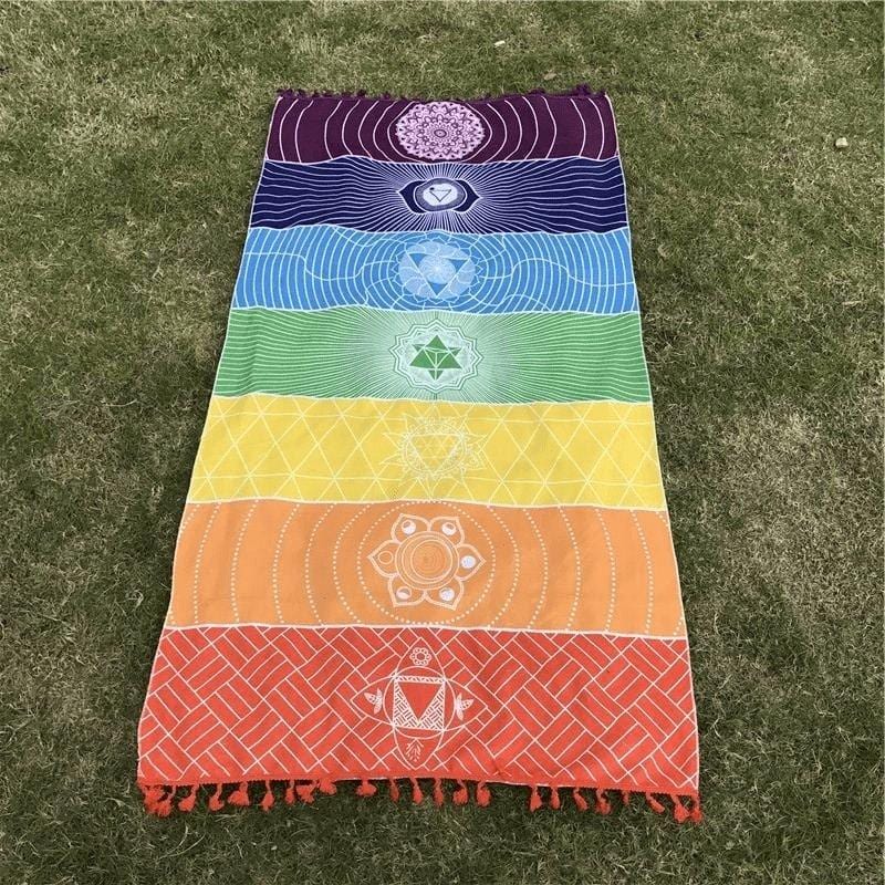 7 Chakra Regnbue Yoga Mat i 100% Bomuld med Frynser