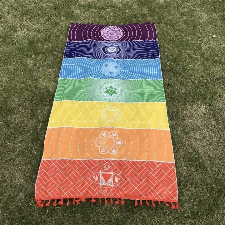 7 Chakra Regnbue Yoga Mat i 100% Bomuld med Frynser