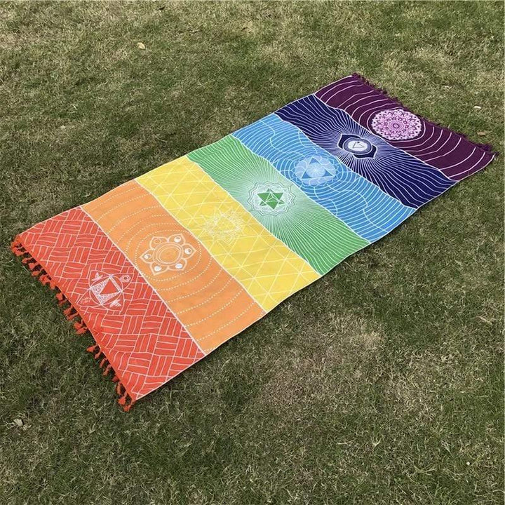 7 Chakra Regnbue Yoga Mat i 100% Bomuld med Frynser