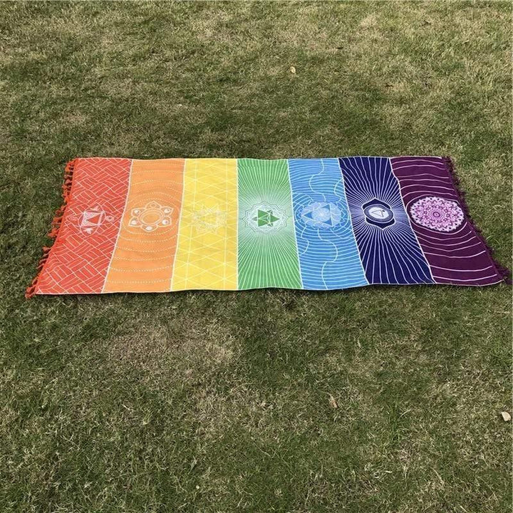 7 Chakra Regnbue Yoga Mat i 100% Bomuld med Frynser