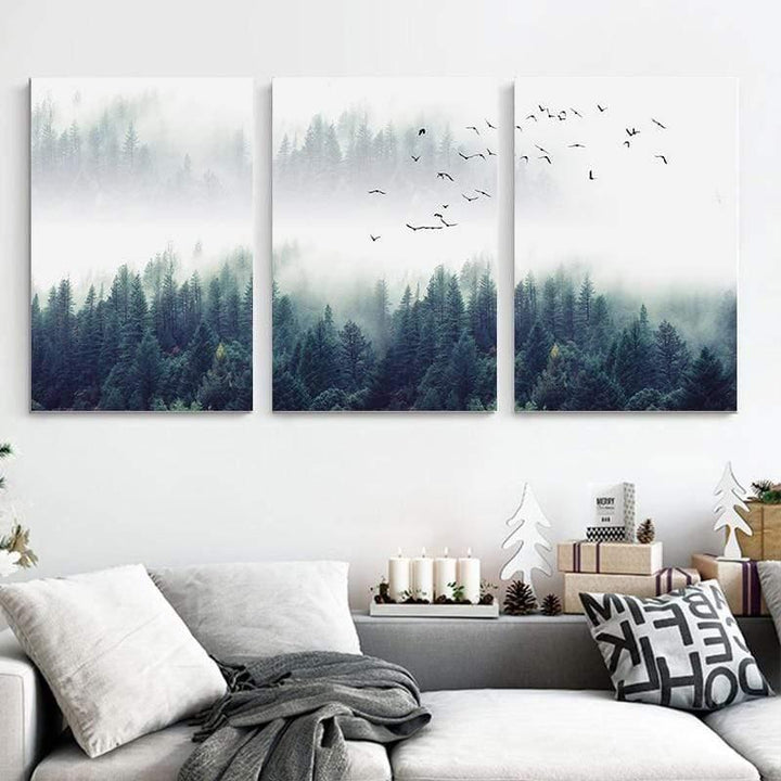Minimalistisk Tre-delt Lærred Kunst med Nordisk Skov Tema