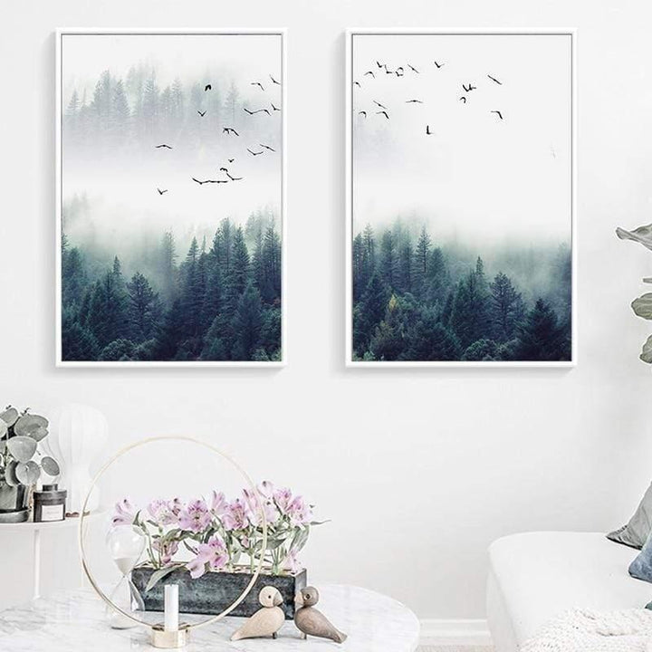Minimalistisk Tre-delt Lærred Kunst med Nordisk Skov Tema