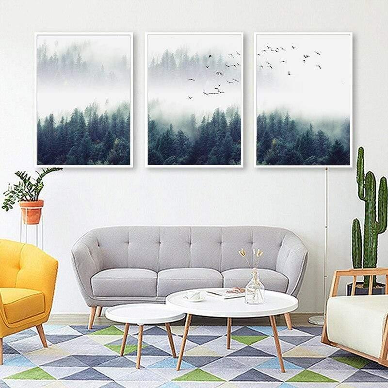 Minimalistisk Tre-delt Lærred Kunst med Nordisk Skov Tema