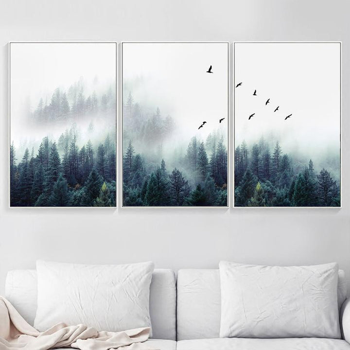 Minimalistisk Tre-delt Lærred Kunst med Nordisk Skov Tema