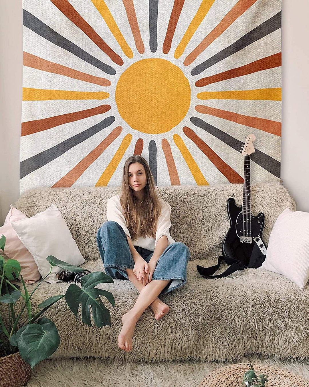 Boho Væg Tæppe med Sol Design i Jordfarver