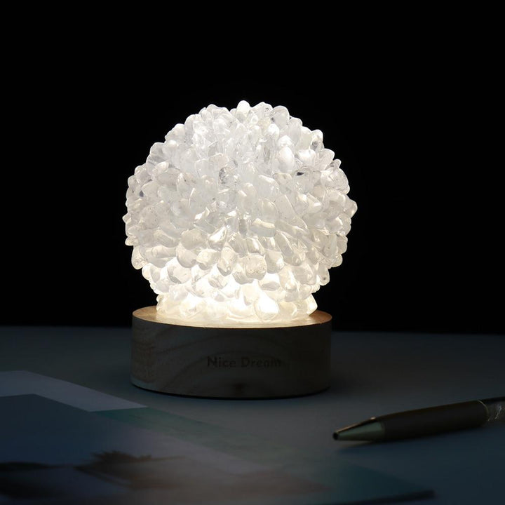 Elegant Bordlampe med Kvarts Krystal og Træbase