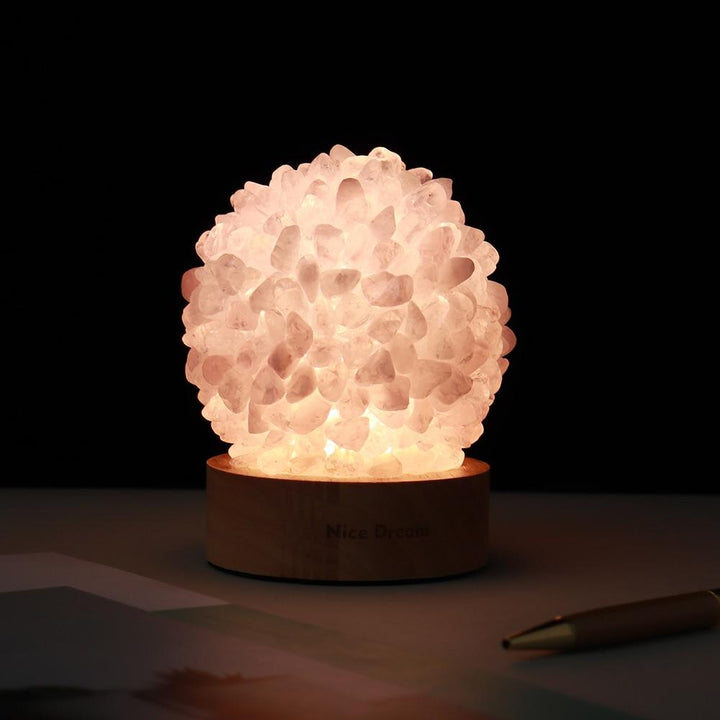 Elegant Bordlampe med Kvarts Krystal og Træbase