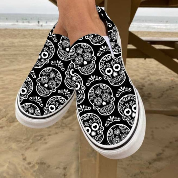 Casual Slip-On Loafers i Canvas med Dødningehoved Print